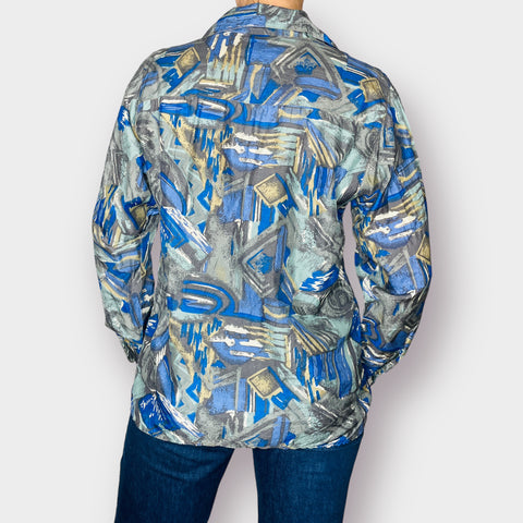 90s S.I.N.Y. Blue Aqua Gray Abstract Print Silk Shirt