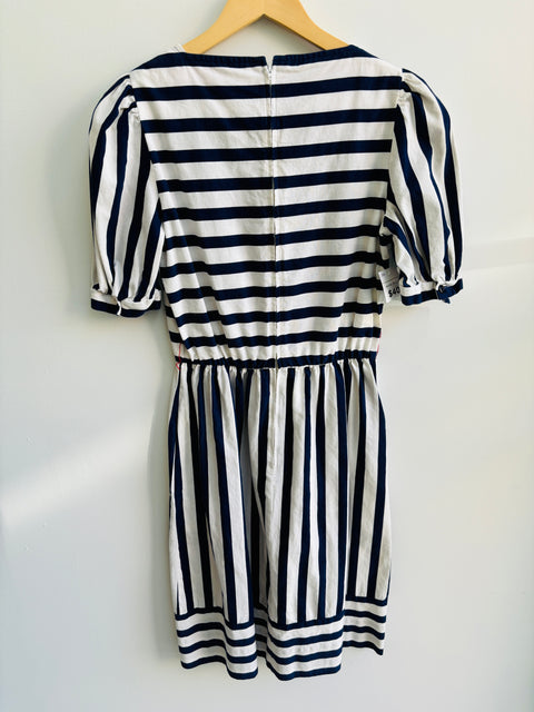 80s David Warren Navy White Striped Cotton Dress Size S