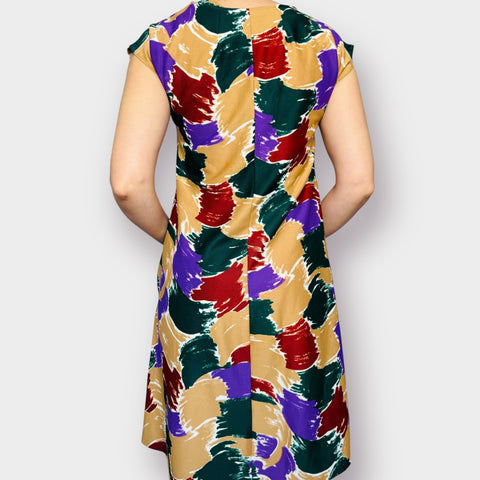 70s Tan Purple Green Brick Abstract Day Dress Size M