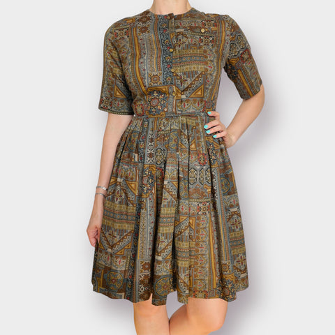 60s Carol Rodgers Brown Gray Pattern Dress