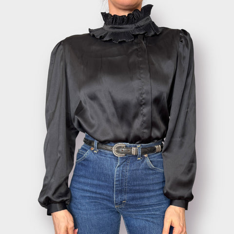 70s MJ Concepts Black Ruffle Collar Blouse Size L