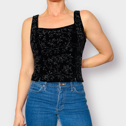 90s Kay Unger Black Beaded Corset Style Top Size M/L