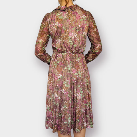 70s Purple and Brown Floral Day Dress Size M