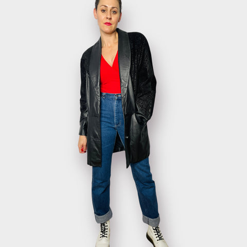 80s Comint Leather and Textured Suede Black Mid Length Coat Size M