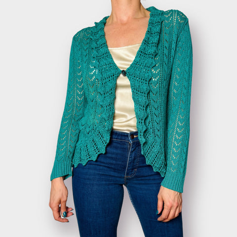 Y2K Jenny Teal Crochet Cardigan Size L