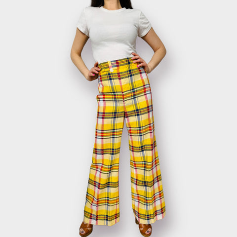70s Time and Place Yellow Plaid Bell Bottoms Size XS