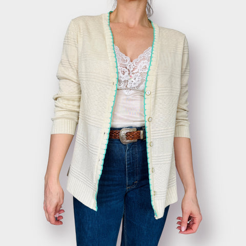 70s Cream Cardigan with Teal Trim Size L