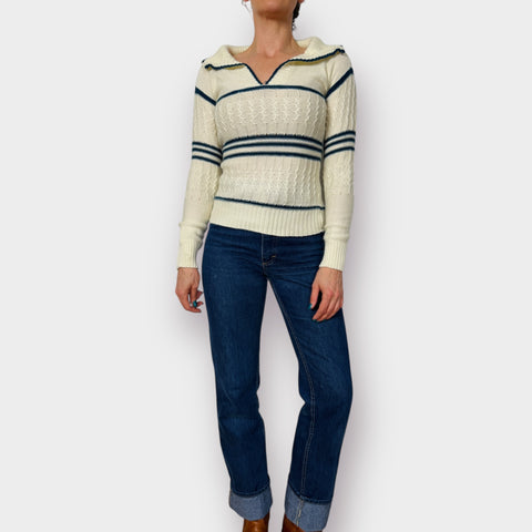 70s Cream and Blue Striped Sweater Size XS