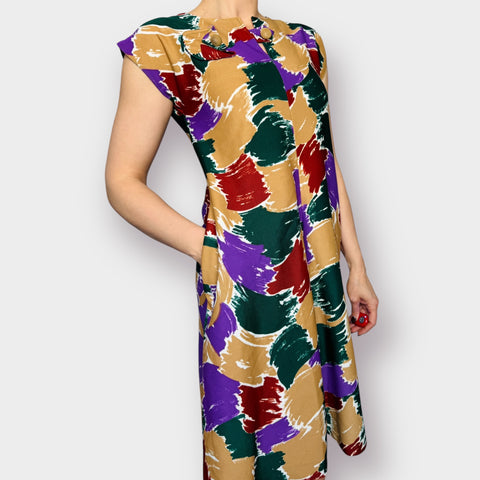 70s Tan Purple Green Brick Abstract Day Dress Size M