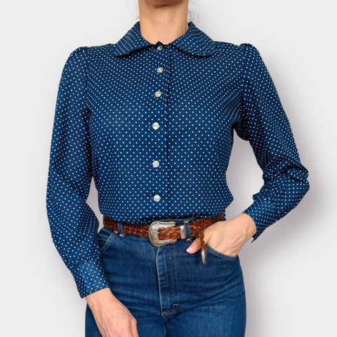 70s Navy Polka Dot Blouse Size M