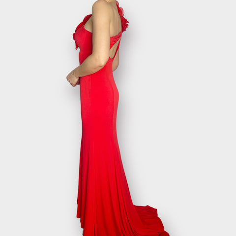 Red One Shoulder Long Gown with Train Size M
