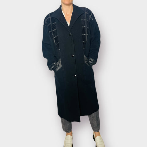 80s Black Wool and Leather Overcoat
