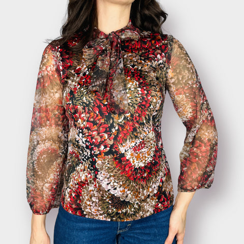 70's Red and Black Mum Blouse with Sheer Sleeves and Secretary Bow Tie Size S