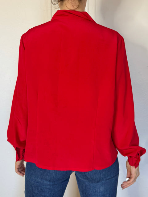 90s Red Blouse w/ Beaded Flowers Size L
