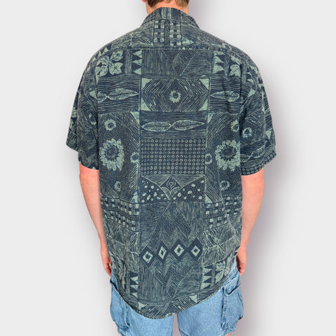 90s Guess Blue Short Sleeve Leaf Print Size XL
