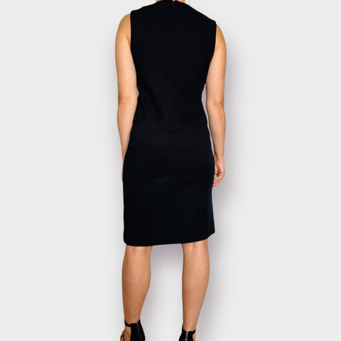 60s Butte Knit Black Wool Dress with Velvet Trim Size S
