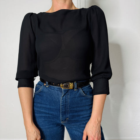 80s Jessica Martin Black Sheer Blouse Size S
