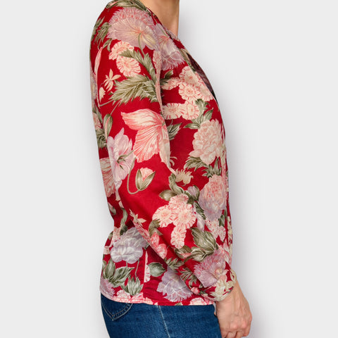 70s Personal Sheer Red Tropical Floral Blouse Size S
