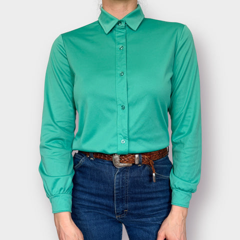 70s Catalina Green long sleeve blouse Size M