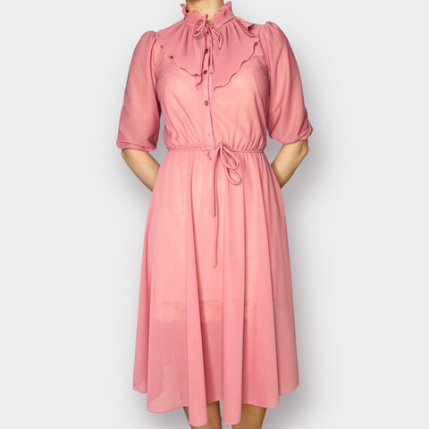 70s Sears Pink Ruffle Collar Dress Size S