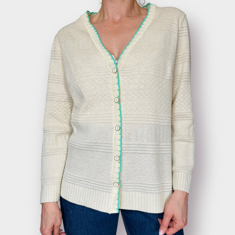 70s Cream Cardigan with Teal Trim Size L