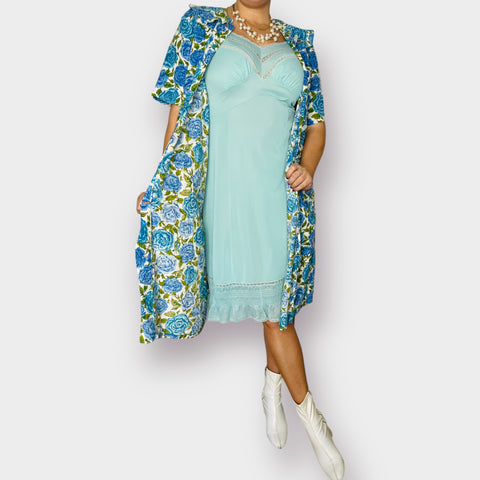 60s Mode O’ Day Blue and Teal Floral House Dress