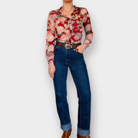 70s Personal Sheer Red Tropical Floral Blouse Size S