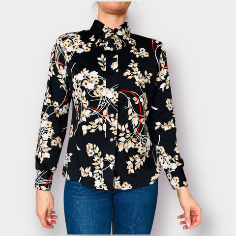 70s Lori-Lynne Black Tan Floral Blouse Size M