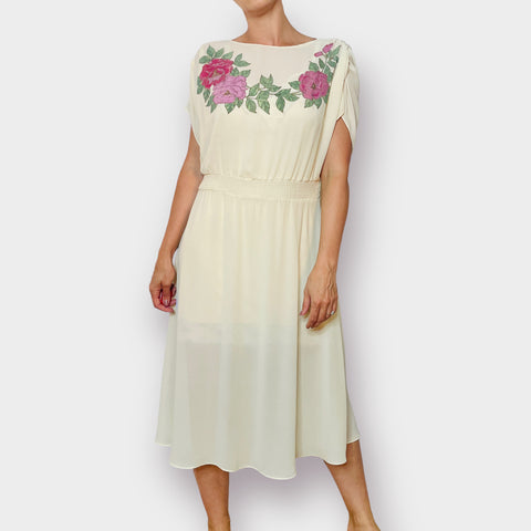 80s My Colours Cream Sheer Dress with Floral Top Size L