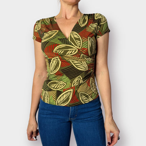 Y2K Sere Nade Olive Leafy Print Top Size S