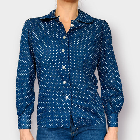 70s Navy Polka Dot Blouse Size M
