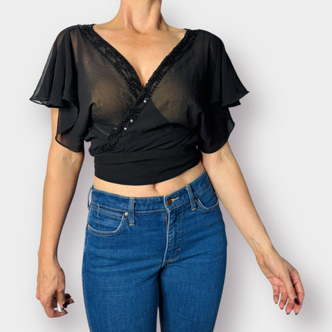 90s Black Sheer Beaded Wrap Crop Size M