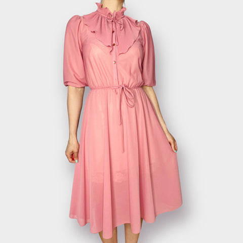 70s Sears Pink Ruffle Collar Dress Size S