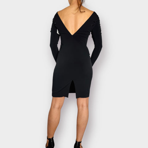 90s Black Cocktail Dress with Beaded Shoulders Size M