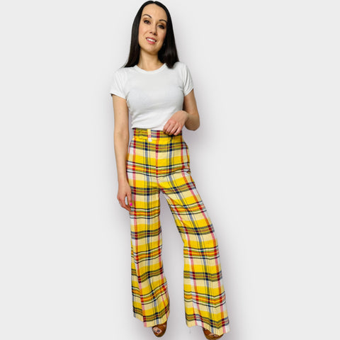 70s Time and Place Yellow Plaid Bell Bottoms Size XS