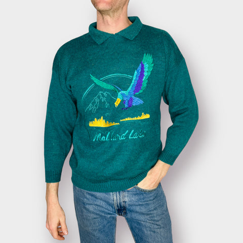 80s Knit Works Teal Lake Mallard Collared Sweater