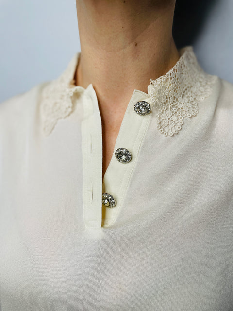 80s Valentino Cream Lace Collar Jeweled Button Blouse