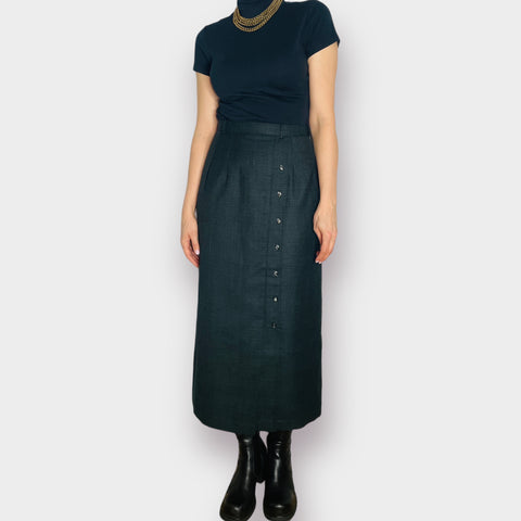 90s Green Plaid Wool Straight Maxi Skirt