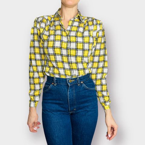80s Notches Yellow and Black Checkered Button Front Blouse