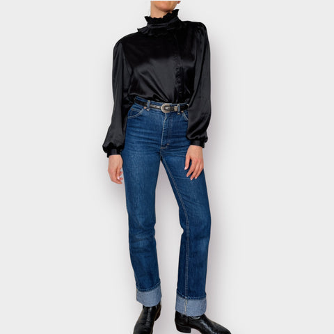 70s MJ Concepts Black Ruffle Collar Blouse Size L