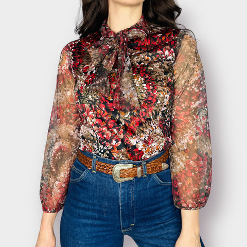 70's Red and Black Mum Blouse with Sheer Sleeves and Secretary Bow Tie Size S