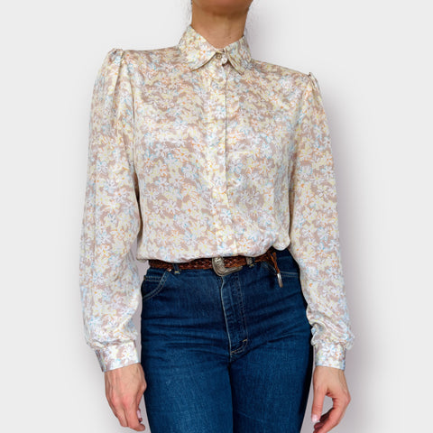 80s Peepers white and tan multi color floral blouse Size L