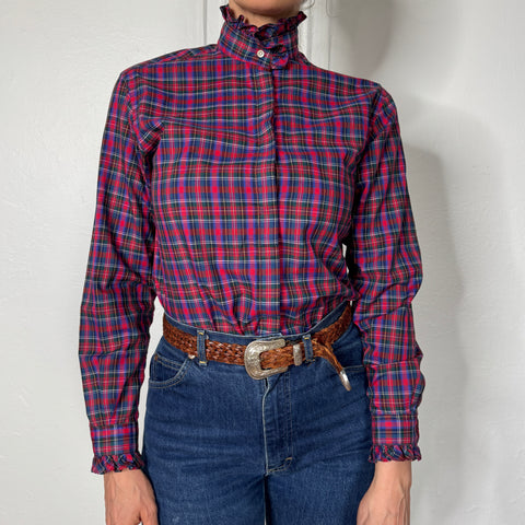 80s Circle Square Plaid Blouse with Ruffle Collar size S