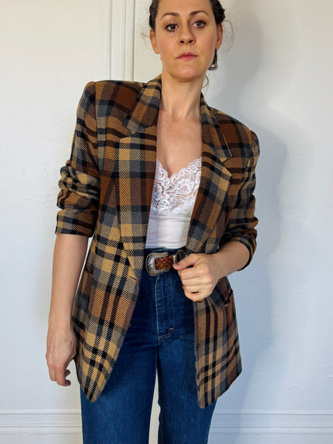 90s Requirements Tan Gray Plaid Blazer Size M
