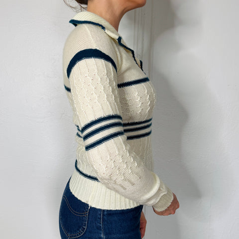70s Cream and Blue Striped Sweater Size XS