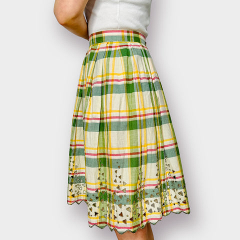 70s Green Yellow Plaid Skirt with Cut-Out Edges Size XS