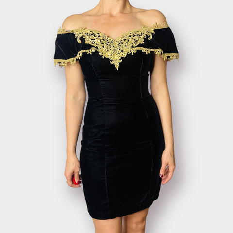 90s Steppin’ Out Black Velvet Dress with Gold Lace Size XS