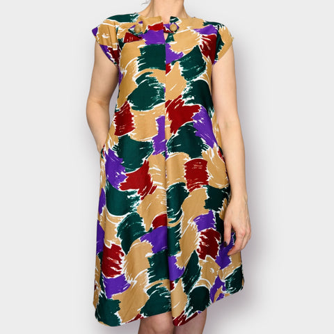 70s Tan Purple Green Brick Abstract Day Dress Size M