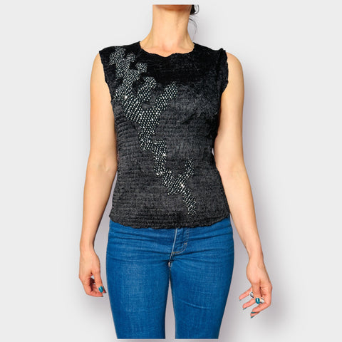 90s Alberto Makali Black Jeweled Crinkle Tank Size XL
