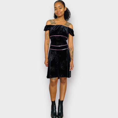 Y2K Black Velour Dress with Pink Sequin Trim